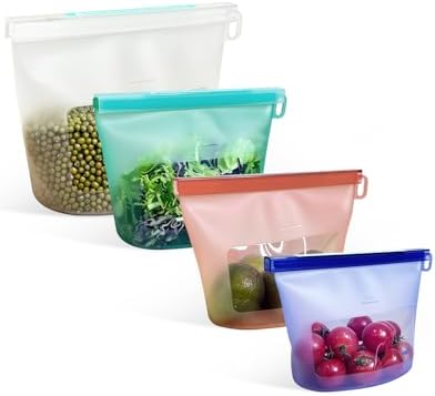 Reusable Silicone Food Storage Bags (Set of 4), Dishwasher Oven Microwave Freezer Safe, Eco-Friendly Leakproof Sous Vide Bags, Premium Lunch Containers, 1 Snack 2 Sandwich 1 Half Gallon, Mixed by CuLiDing