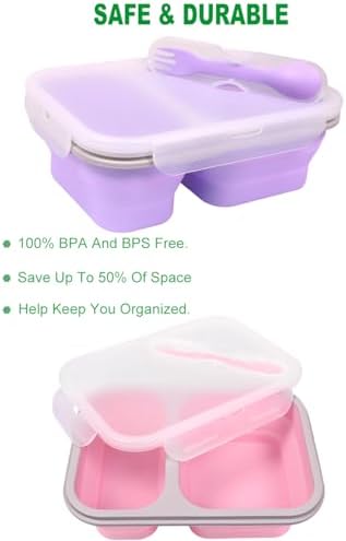 2 Pack Collapsible Silicone Bento Lunch Boxes With Lids,2 Compartments, Divided Lunch Food Storage Containers, 37.2 oz, Safe in Microwave, Dishwasher and Freezer, BPA Free - Image 5
