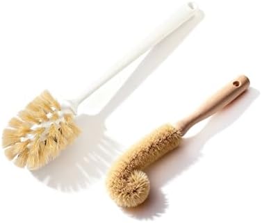 2-Piece Kitchen Brush Set - Includes 1 Plastic Handle Ponytail Cup Brush & 1 Wooden Handle Coconut Scrubber - Cleaning Kit for Bottles & Pots by milinkllc