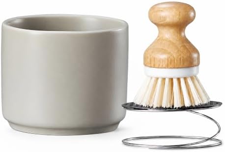 ONEMORE Bamboo Dish Brush with Ceramic Foaming Base, Kitchen Sink Scrub Brush Set with Spring and Mesh Insert, Wooden Handle Dishwashing Brush for Pots Pans Plates Bowls, Gray by ONEMORECeramics