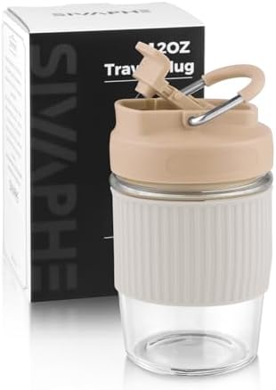 Sivaphe Reusable Glass Ice Hot Coffee Cup 12 oz, Portable Travel Mug with Spill-Proof Lid and Thermal Sleeve for Home Office Coffee by Sivaphe