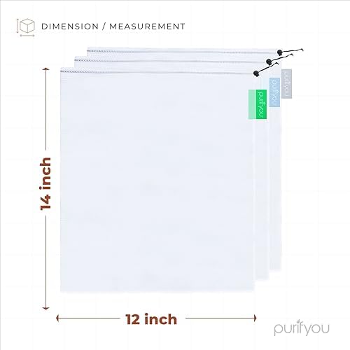 purifyou Set of 3 Premium Reusable Produce Bags, Washable Farmers Market Bags for Fruits, Vegetables, Groceries, Kitchen Storage, Home Storage, Toy Organizer, Lightweight Mesh Bags (12x14in) - Image 2