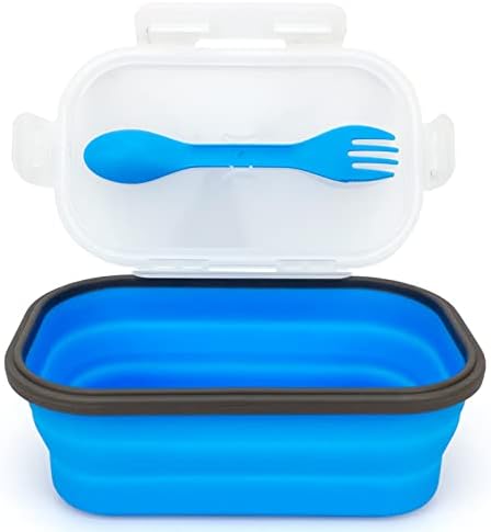 Collapsible Lunch Box Containers, Silicone Bento Box with Airtight Lid and 2 in1 Spoon & Fork, 1000ml Large Portion Reusable Silicone Food Storage Container, Microwave Dishwasher Safe by Lunbengo
