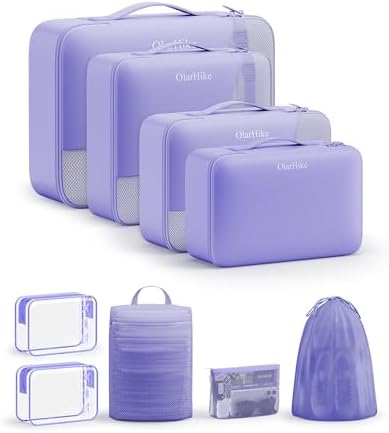 OlarHike Packing Cubes for Travel,Gifts for Women Mom,Anti-Tearing Suitcase Organizer for Luggage with Shoe & Hanging Toiletry Bag,Vacation Essentials & Accessories for Cruise Ship,9 Set,Purple by OlarHike