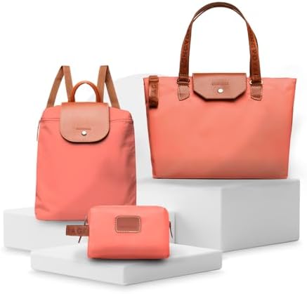 Longvoyage Bonne Vivante 3-Piece Travel Bag Set, Roll-Up Backpack, Large Waterproof Bag & Cosmetic Case, Matching Travel Accessories, Coral by LONGVOYAGE