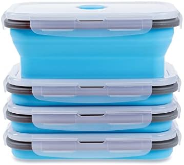Collapsible Food Storage Containers with Airtight Lid & Vent Valve, 27 oz, Annaklin Kitchen Stacking Silicone Collapsible Meal Prep Container Set for Leftover, Microwave Freezer Safe, Blue, Set of 4 by Annaklin