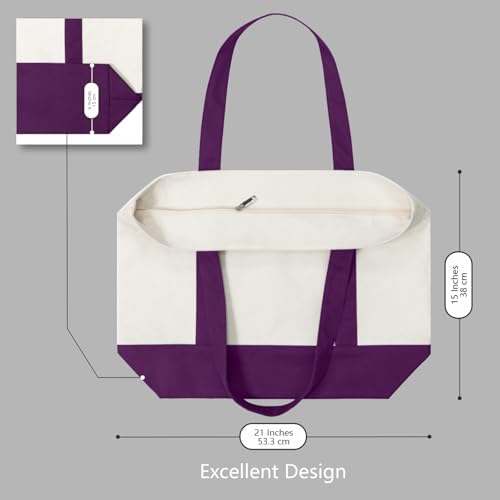 TOPDesign 1-Pack Canvas Tote Bag with an External Pocket, Reusable Grocery Shopping Bag, Top Zipper Closure, Daily Essentials (Purple/Natural) - Image 5