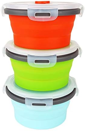 Ecomorning 3Piece Round Collapsible Lunch Container Silicone Food Storage Containers Collapsible Camping Bowl with Airtight Silicone Lids, Microwave, & Freezer Safe, 350ML - Image 2