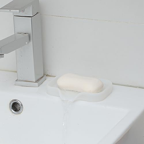 MicoYang Silicone Soap Dish with Drain Spout, Self-Draining Sink Organizer Tray for Bathroom & Kitchen, Sponges, Dispensers & Soap Holder, Non-Slip & Dishwasher Safe, Translucent (Compact, 4.9"×3.2") - Image 6