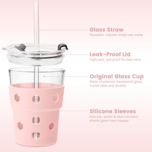 Mrsdry 12oz Iced Coffee Cup with Lids and Straws, BPA Free Reusable Glass Coffee Cups with Silicone Sleeves for Coffee, Iced tea, Thick Wall Glass Cup - Image 4