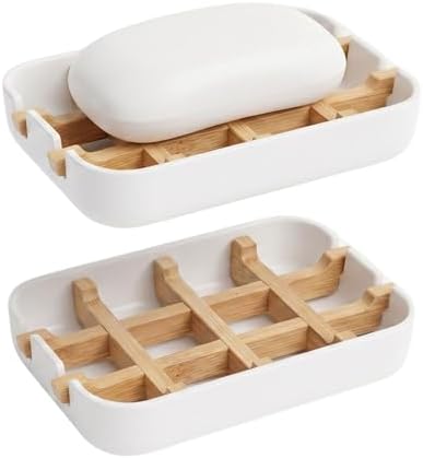 Bamboo Fiber Soap Holder and Soap Dish Combination, Removable Drainage Rack Bar Soap Tray for Bathroom Sink Deck, Bathtub, Shower & Kitchen (White, 1 Pack) by Unknown