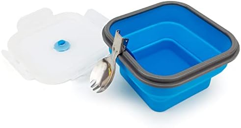 CARTINTS 900ml Collapsible Bowl With Plastic Lid for Camping, Silicone Lunch Container Set Includes Foldable Spoon, Space-Saving Travel Food Container, Microwave Freezer Safe, Blue - Image 3