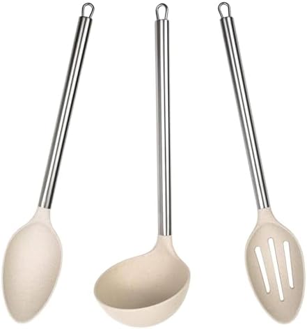 Beille 3pc Wheat Straw Spoons and Ladle Set Cooking Baking Kitchen Utensils, Cream by BEILLE