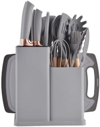 Kitchen Utensils Set & Knife Set with Block, 19 Piece All-in-One Cooking Set, 12 Nonstick Silicone Utensils + 5 Sharp Stainless Steel Chef Knives + Cutting Board, Dishwasher Safe Gift Set (Gray) by Eco+Tiger