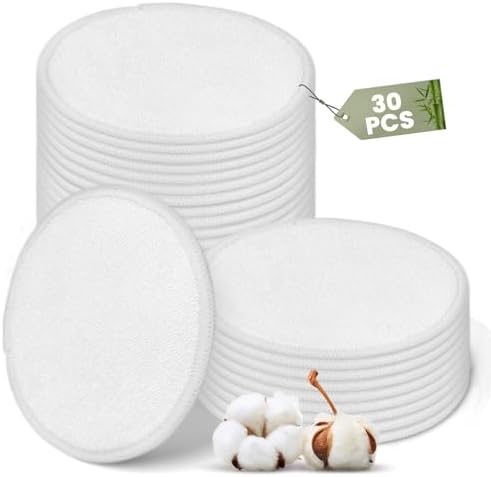 30 Pcs Natural Fiber Round Makeup Remover Pads, Washable Reusable Face Pads Cloth Rounds, Facial Cleansing Pads Wipes for All Skin Types Travel (White) by Bagentry