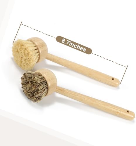 2 Pack Natural Kitchen Dish Brushes with Sisal & Palm Bristles, Long Bamboo Handle Scrubber for Dishes, Cast Iron Pans Pots and Vegetable Cleaning - Image 2