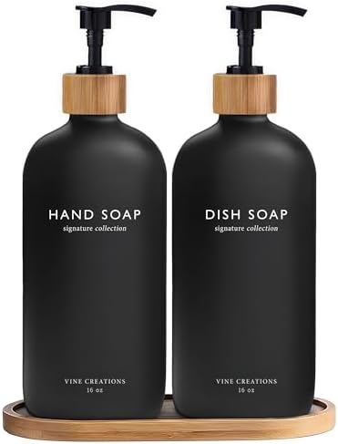 Vine Creations Black Glass Soap Dispenser Set, Hand Soap and Dish Soap Dispenser Set with Bamboo Tray, 16 oz Glass Dispensers Bottle for Kitchen and Bathroom Decor Modern Boho with Bamboo Pump (Black) by VineCreations