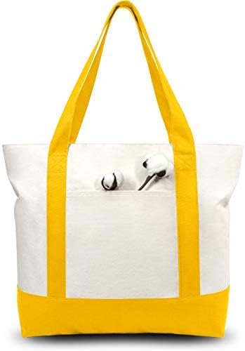 TOPDesign 3-Pack Canvas Tote Bags with an External Pocket, Reusable Grocery Shopping Bags, Top Zipper Closure, Daily Essentials (Yellow/Natural) by TOPDesign