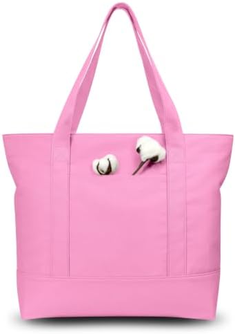 TOPDesign 3-Pack Canvas Tote Bags with an External Pocket, Reusable Grocery Shopping Bags, Top Zipper Closure, Daily Essentials (Pink) by TOPDesign