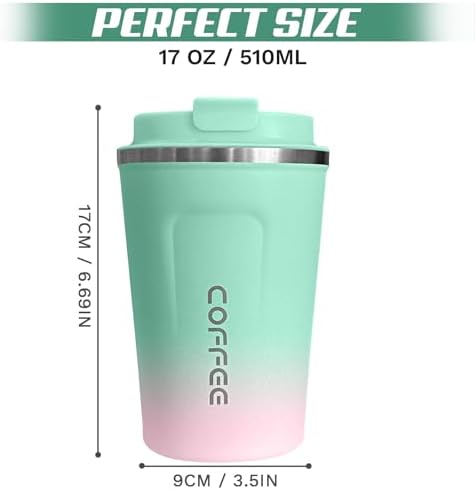 SPLMIFA Travel Coffee Mug Leak-Proof, Reusable Coffee Cups with Lids, Stainless Steel Vacuum Insulated Coffee Tumblers, Thermal Insulation Cup for Men and Women Hot & Cold Drinks(2nd-Green Pink, 17OZ) - Image 4