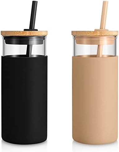 Tronco 20 oz Glass Tumbler with Lids and Straws, Reusable Iced Coffee Cups by Tronco