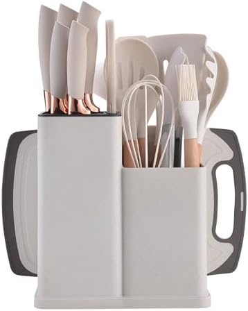 Kitchen Utensils Set & Knife Set with Block, 19 Piece All-in-One Cooking Set, 12 Nonstick Silicone Utensils + 5 Sharp Stainless Steel Chef Knives + Cutting Board, Dishwasher Safe Gift Set (White) - Image 2