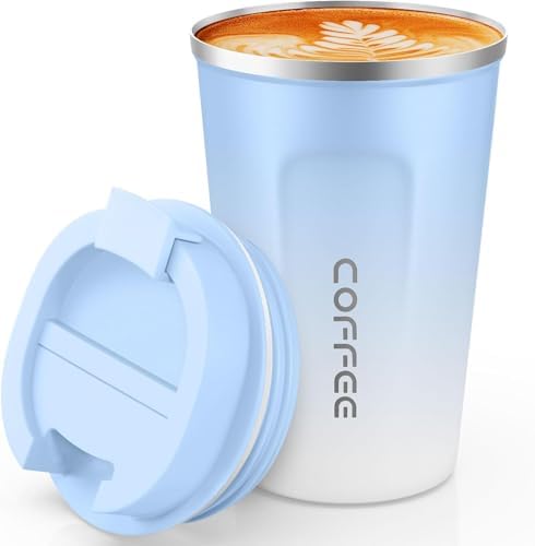 SPLMIFA Travel Coffee Mug Leak-Proof, Reusable Coffee Cups with Lids, Stainless Steel Vacuum Insulated Coffee Tumblers, Thermal Insulation Cup for Men and Women Hot & Cold Drinks(2nd-Blue White, 17OZ) - Image 2