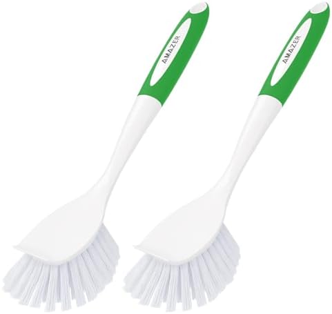 Amazer Dish Brush with Handle, 2 Pack Kitchen Scrub Brushes with Built-in Scraper for Cleaning, Dish Scrubber with Stiff Bristles for Sink, Pots, Pans (Green+Green) by Amazer