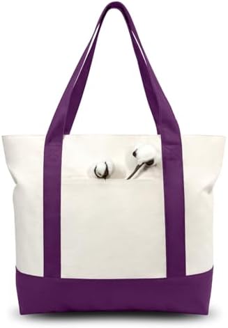 TOPDesign 1-Pack Canvas Tote Bag with an External Pocket, Reusable Grocery Shopping Bag, Top Zipper Closure, Daily Essentials (Purple/Natural) by TOPDesign
