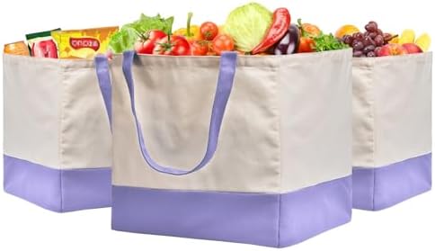 Reusable Grocery Bags Heavy Duty, 8.3 gal Foldable Large Canvas Tote Bag with Handles, Holds 60 lbs Canvas Shopping Bags, 3 Pack（Off White+Light purple） by CNaiyunpin
