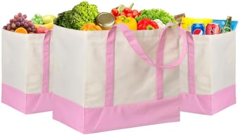 3-Pack Heavy Duty Canvas Reusable Grocery Bags, 8.3 Gal Foldable Large Tote with Handles, Washable Eco-friendly Bags with 5 Pockets, (Pink/Beige) by CNaiyunpin