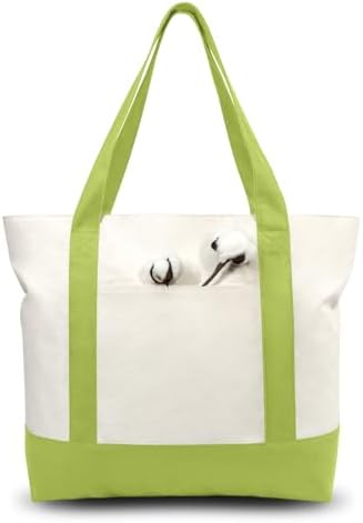 TOPDesign 1-Pack Canvas Tote Bag with an External Pocket, Reusable Grocery Shopping Bag, Top Zipper Closure, Daily Essentials (Light Green/Natural) by TOPDesign