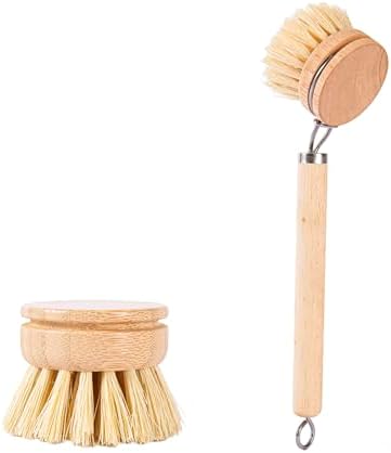 Wooden Dish Brush Set with 3 Replaceable Brush Heads,Natural Sisal Fibers Bristle Scrubber for Kitchen Cleaning,Ideal for Pots,Dishes,Pans,Vegetables and Sink,Durable and Eco-Friendly - Image 2