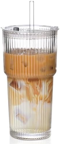 20oz Ribbed Glass Cups with Lids and Straws,1PCS Glass Tumbler with Straw and Lid,Iced Coffee Cups Drinking Glasses for Juice Whiskey Cocktail Beer by AUFXKOO