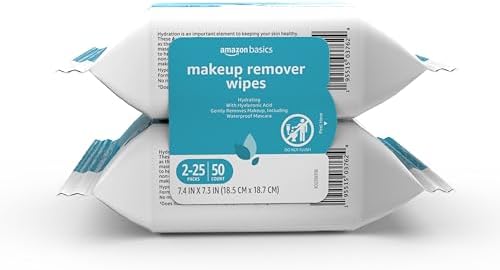 Amazon Basics Makeup Remover Wipes, Hydrating Facial Cleansing, Hyaluronic Acid, Dermatologist Tested, Plant Based, Alcohol-Free, Removes Waterproof Mascara, 25 Count, 2-Pack by AmazonBasics