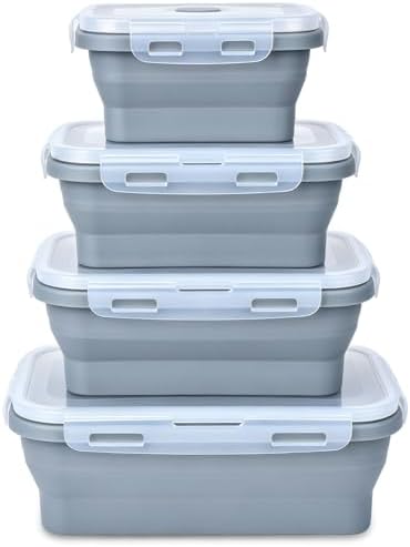 Collapsible Silicone Food Storage Containers 4 Set Airtight Leak Proof Food Containers with Lids Stackable Meal Prep for Microwave Freezer Dishwasher for Kitchen Camping Office Gray by Unknown