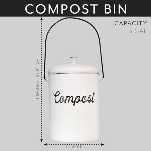 AuldHome Design Kitchen Compost Bin for Countertop | 1.3 Gallon Composting Bucket with Lid | Includes 3 Charcoal Filters | (White Enamel) - Image 2