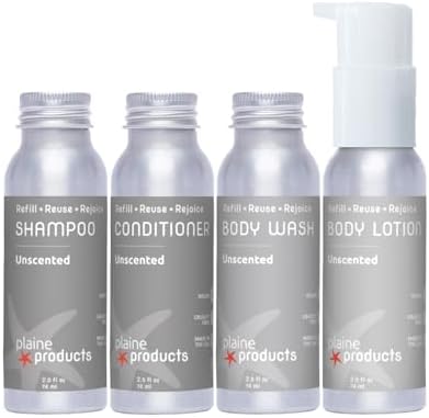 Plaine Products Eco-Friendly Travel Size Shampoo, Conditioner, Body Wash and Body Lotion - Unscented - Paraben/Sulfate/Phthalate Free, Refillable Aluminum Bottles, 2.5 oz by PlaineProducts