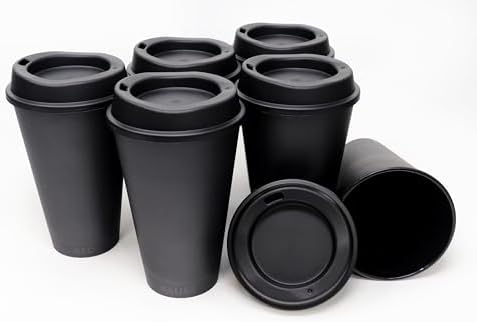 Rolling Sands USA Made 16 oz Reusable Coffee Cups with Lids 6 Pk, To Go Travel Cups, Hot or Cold Drinks, Dishwasher and Microwave Safe, Black by RollingSands