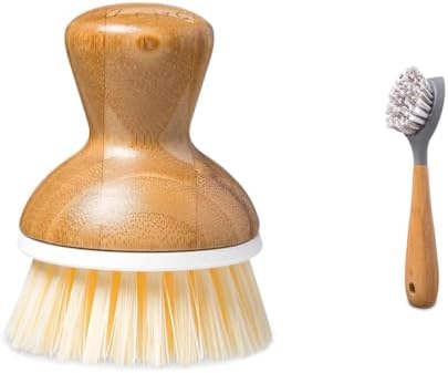 Full Circle, Bubble Up Bamboo Dish Brush, Comfortable Palm Scrubber for Kitchen Dishwashing, White, 1 Count & Tenacious C Cast Iron Brush and Scraper with Bamboo Handle by Unknown