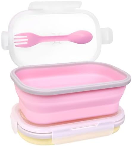 2 Pack Collapsible Silicone Bento Lunch Boxes With Lids Spoon Fork, 33.8oz, Meal Prep Food Storage Containers, Durable, Safe in Microwave, Dishwasher and Freezer, BPA Free (Yellow and Pink) by FUSMYE