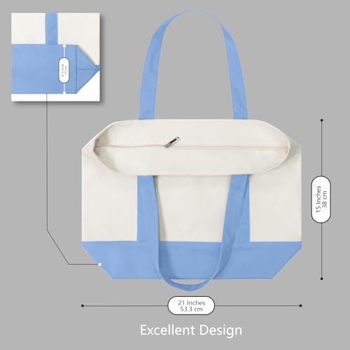 TOPDesign 3-Pack Canvas Tote Bags with an External Pocket, Reusable Grocery Shopping Bags, Top Zipper Closure, Daily Essentials (Light Blue/Natural) - Image 5