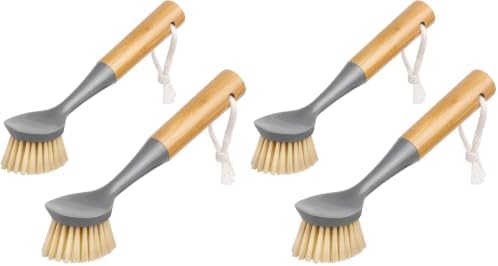 MR.SIGA Dish Brush with Bamboo Handle Built-in Scraper, Scrub Brush for Pans, Pots, Kitchen Sink Cleaning, Pack of 4 by MRSIGA