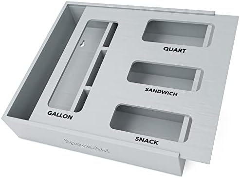SpaceAid Bag Storage Organizer for Kitchen Drawer, Bamboo Organizer, Compatible with Gallon, Quart, Sandwich and Snack Variety Size Bag (1 Box 4 Slots), Gray by SpaceAid