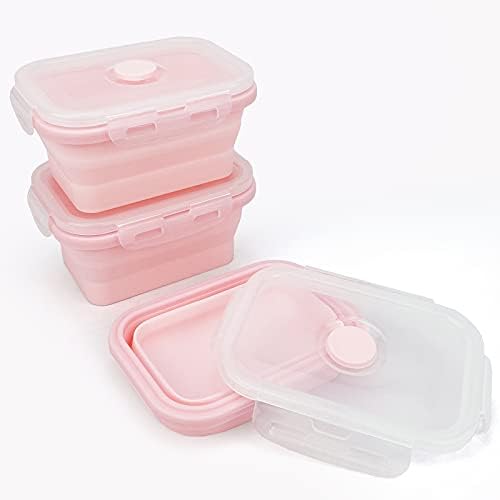 CCyanzi 3piece Collapsible Food Storage Containers with Lids, Silicone Lunch Container, Microwave & Freezer Safe, Space Saving for Kitchen Cabinet and Camping Backpack,(pink) - Image 3