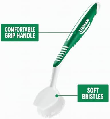 LIBMAN Dish Brush - Soft Bristle Cleaning Brush with Handle - 2 Pk Dish Scrub Brushes with Scraper for Dishwashing Dishes, Pots, Pans, Glassware - Non-Slip Comfort Grip Handle - Image 4