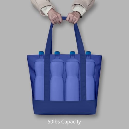 TOPDesign 3-Pack Canvas Tote Bags with an External Pocket, Reusable Grocery Shopping Bags, Top Zipper Closure, Daily Essentials (Blue) - Image 6
