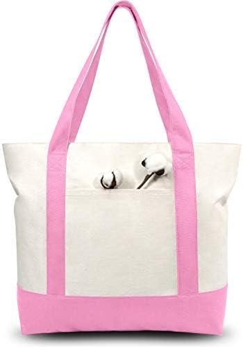 TOPDesign 30-Pack Canvas Tote Bags with an External Pocket, Reusable Grocery Shopping Bags, Top Zipper Closure, Daily Essentials (Pink/Natural) by TOPDesign