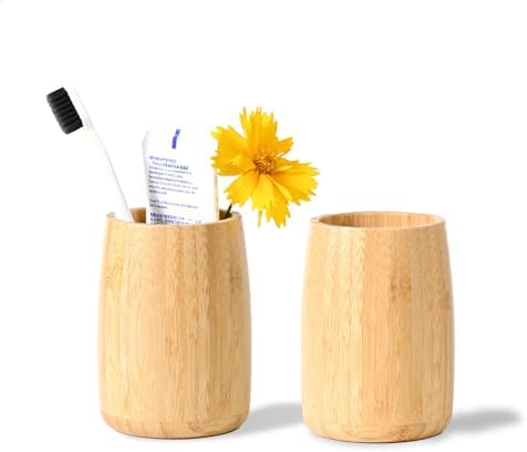 Bamboo Toothbrush Holder 2 Pack, Simple Cylindrical Tumbler Set by ABBINIMO