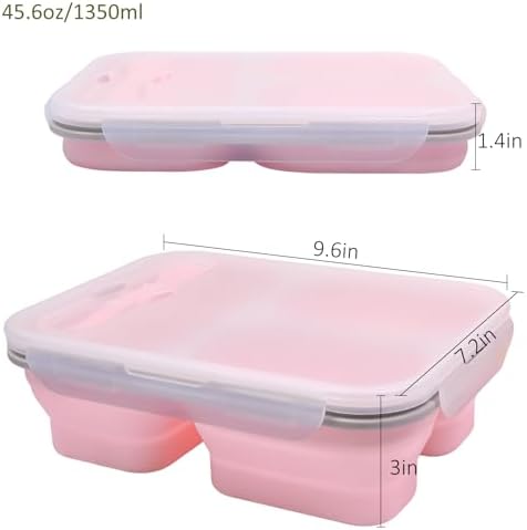 2 Pack Big Collapsible Silicone Bento Lunch Boxes With Lids spoons forks,3 Compartments, Divided Lunch Food Storage Containers, Safe in Microwave, Dishwasher and Freezer, 45.6oz, (Pink+Blue) - Image 4